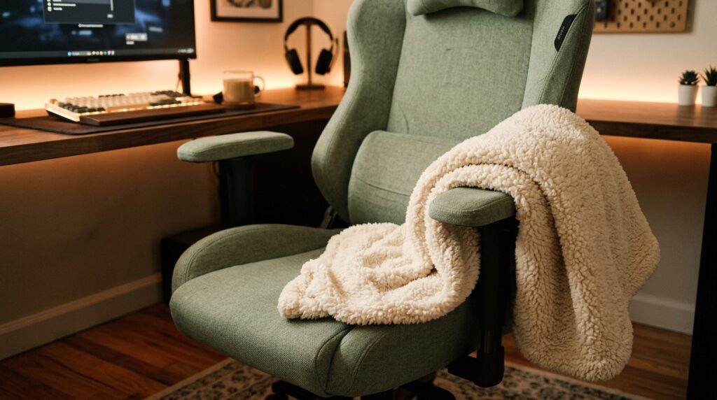 Sherpa throw blanket draped over cozy gaming chair