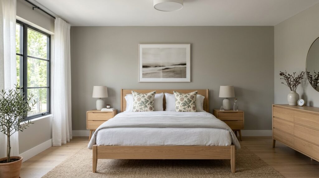 Balanced floral bedroom idea for couples with floral pillows and neutral structured furniture