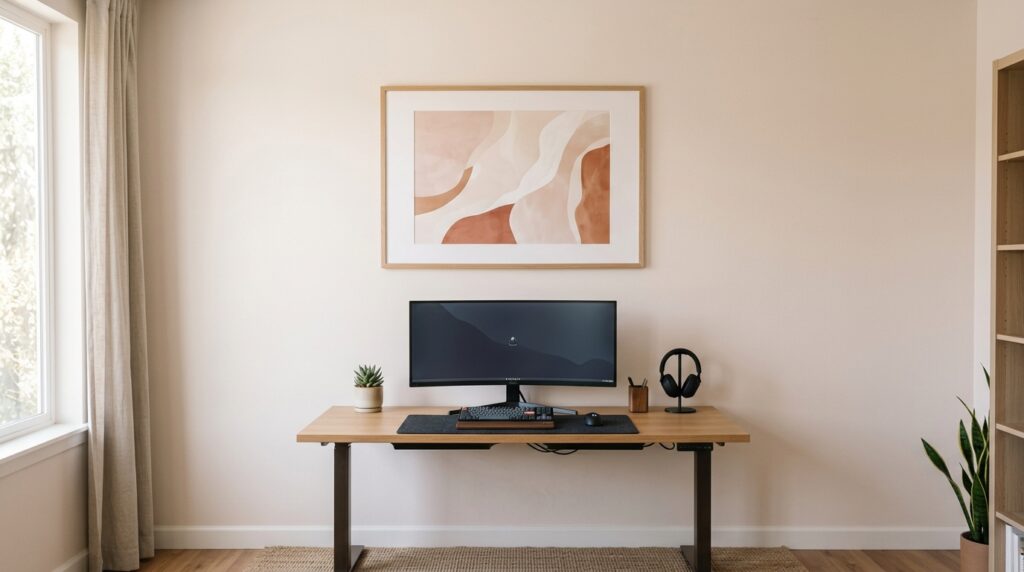 Single framed art print on minimal pink gaming room wall