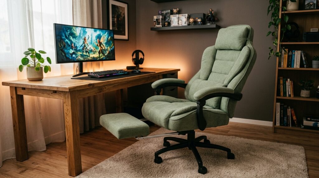 Fabric ergonomic gaming chair with lumbar support and footrest
