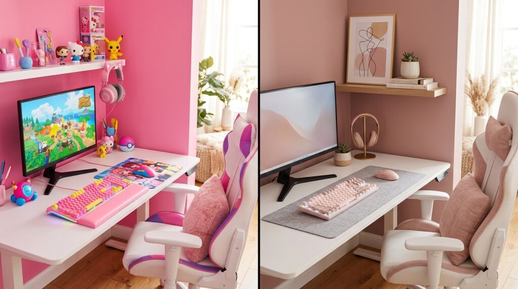 Dusty rose versus bright bubblegum pink gaming room comparison