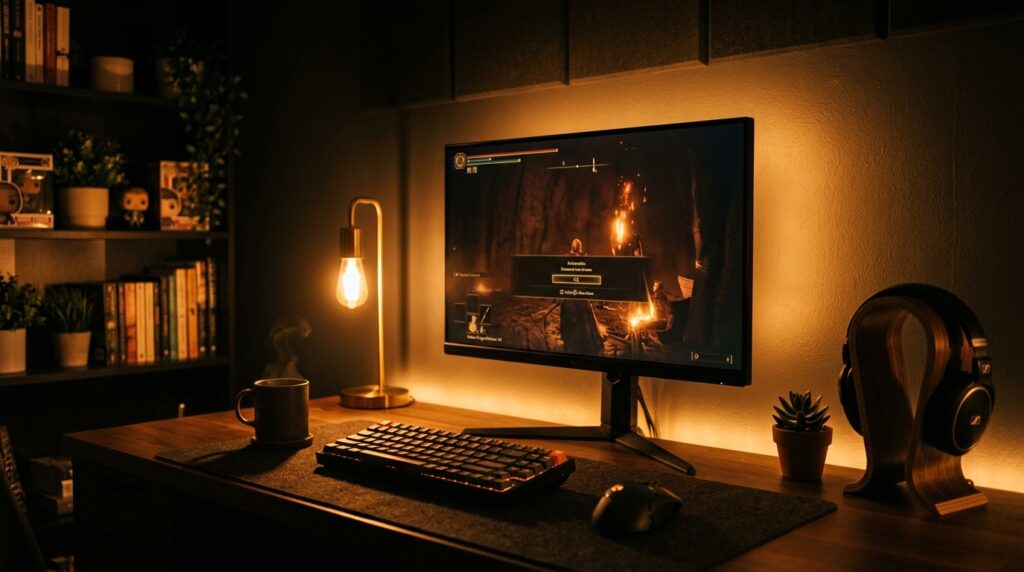 Warm LED light strip behind gaming desk monitor
