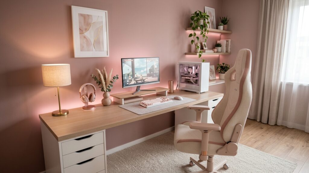 Pink gaming room decor with dusty rose tones and warm metals