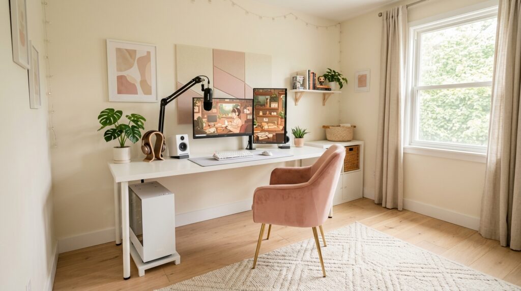 Neutral walls balancing pink accent chair in gaming room