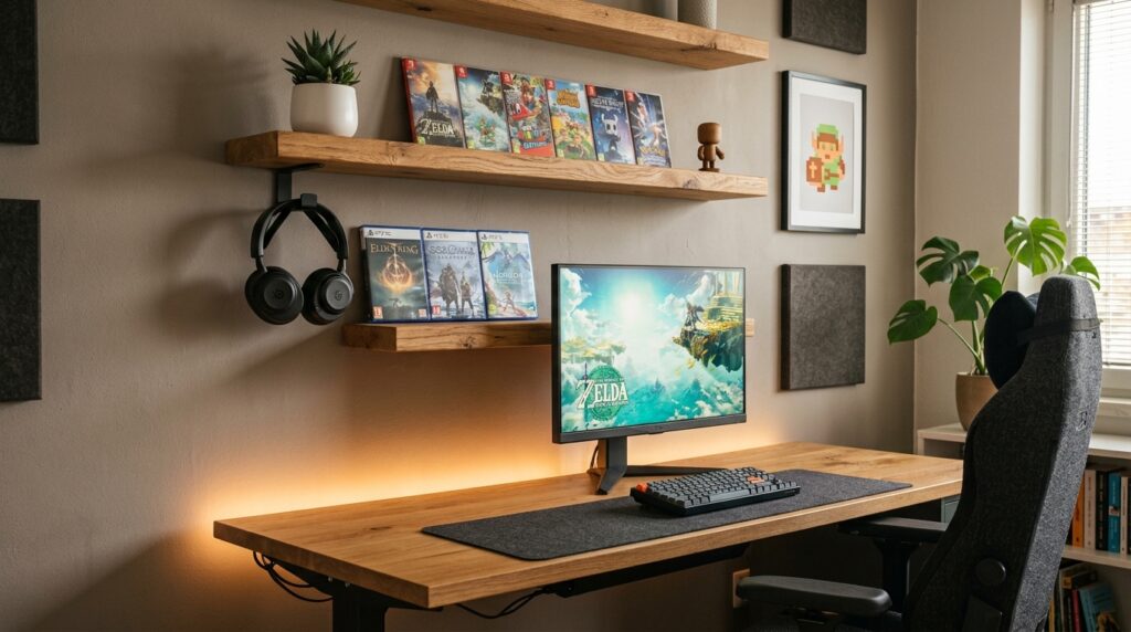 Natural wood floating shelves above gaming desk