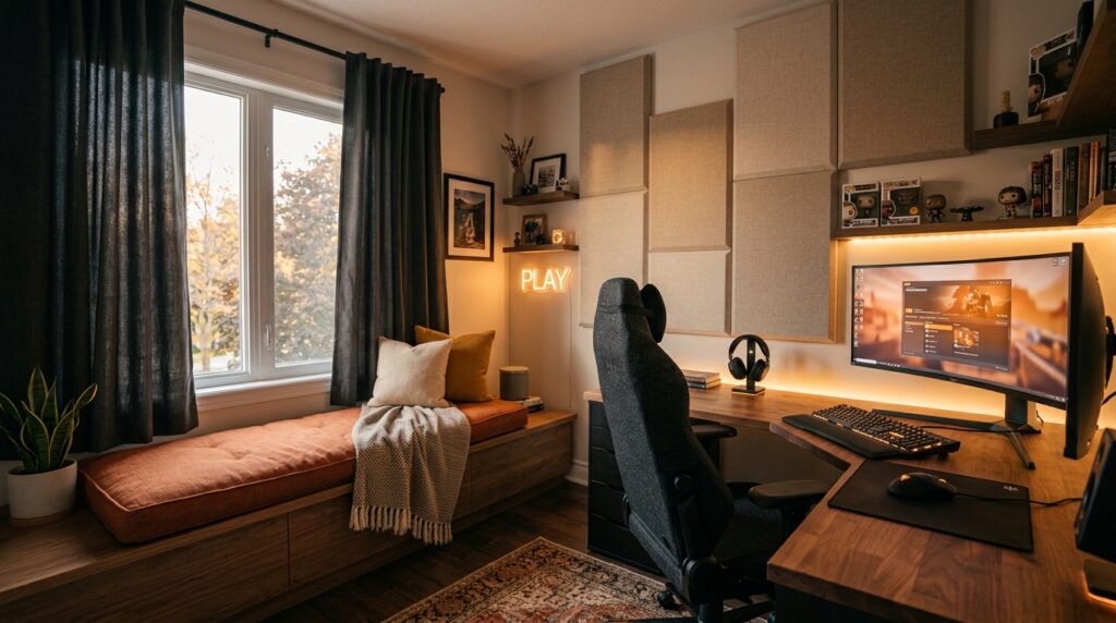 Blackout curtains and fabric wall panels in cozy gaming room