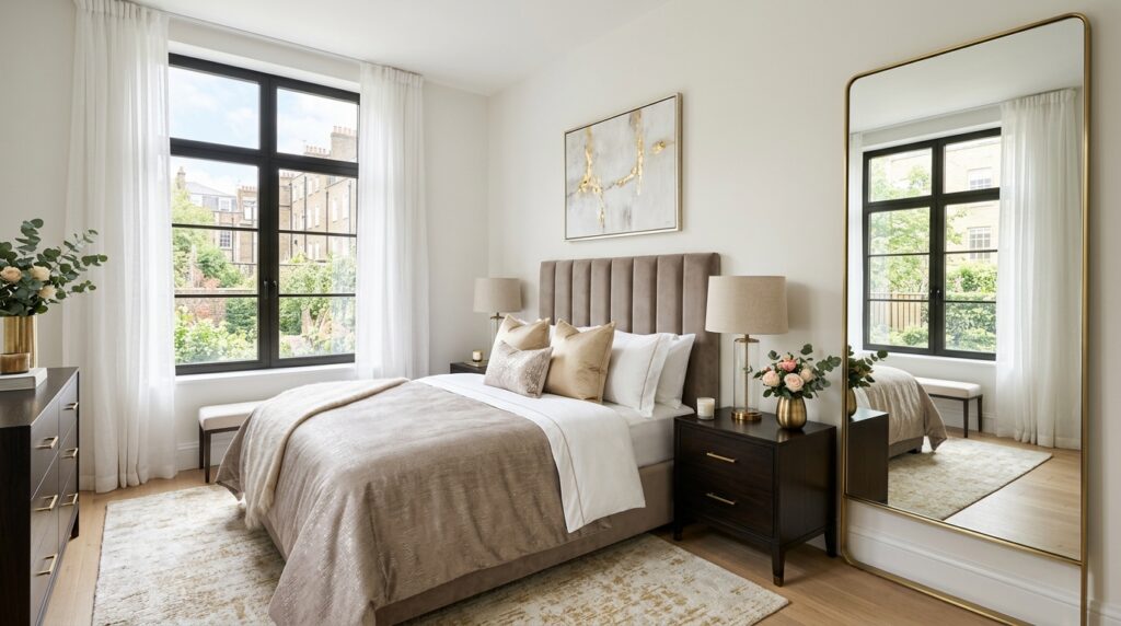 Mirror and glam bedroom idea for couples with oversized mirror opposite the window
