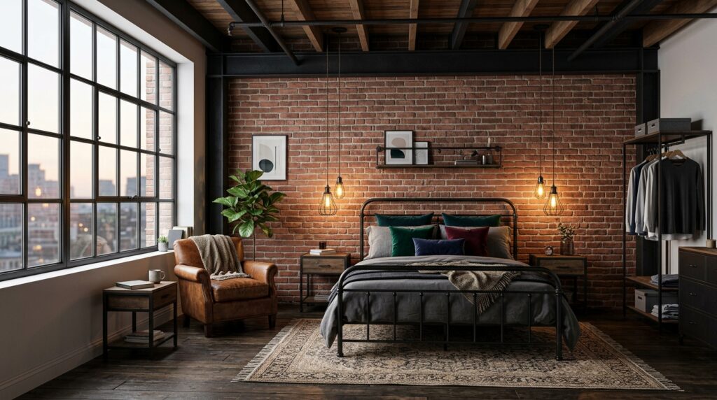 Industrial loft bedroom idea for couples with exposed brick and black metal bed frame