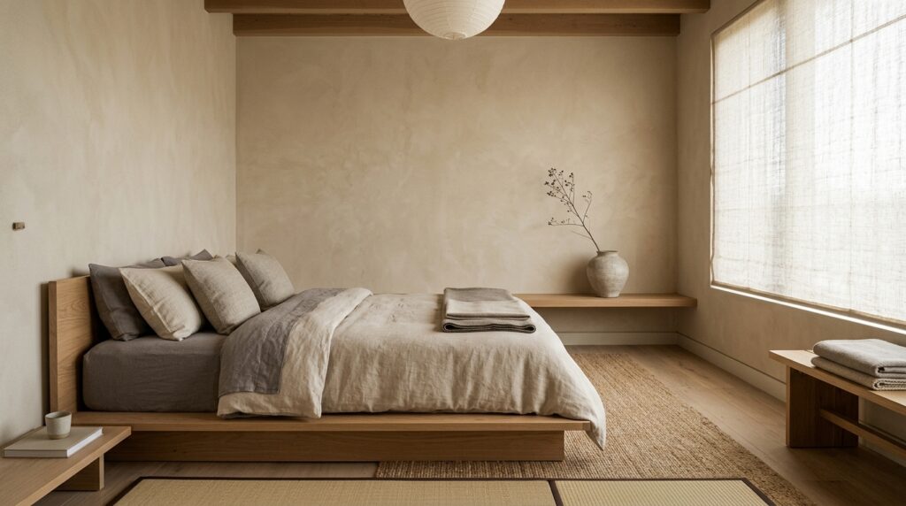 Japandi zen bedroom idea for couples with low platform bed and natural materials