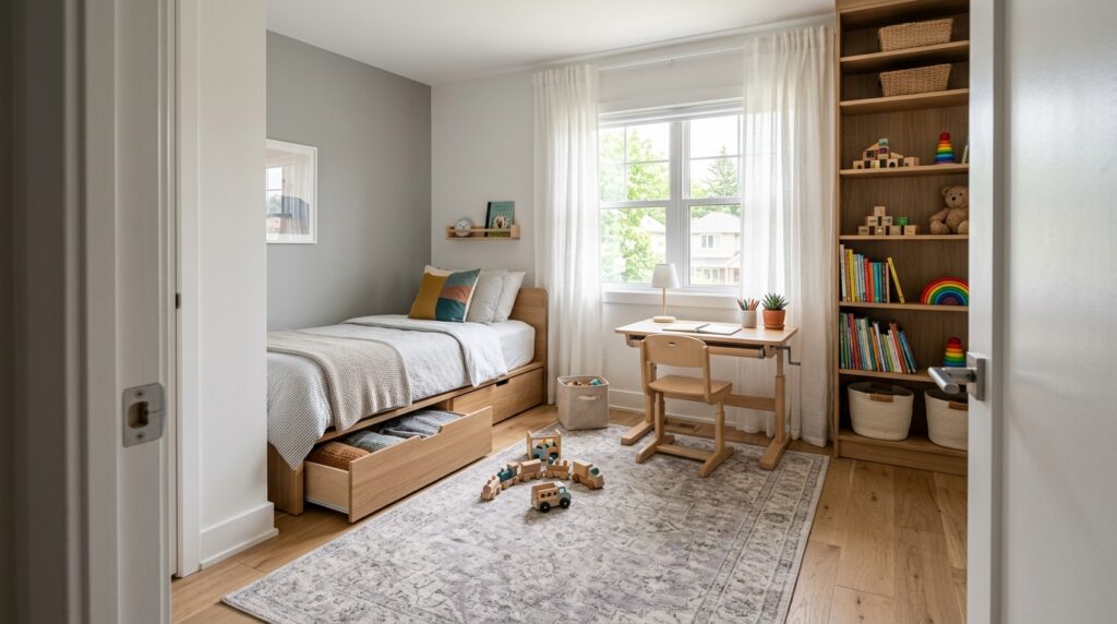 Skip the theme kids bedroom ideas with neutral colors and functional furniture