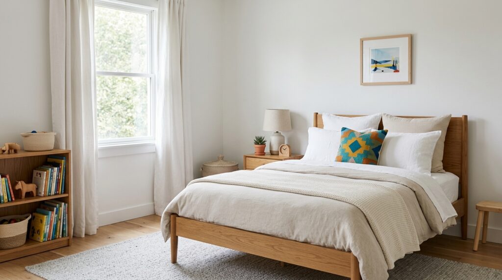 Flexible kids bedroom colors with neutral base and small accent pops