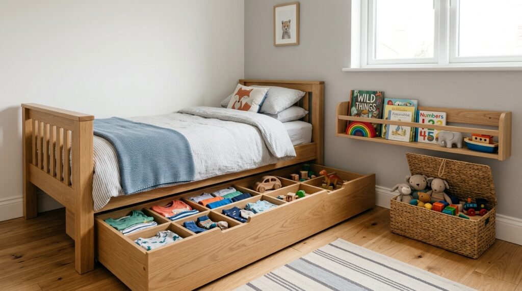 Kids bedroom storage ideas with under-bed drawers, open bins, and wall shelves