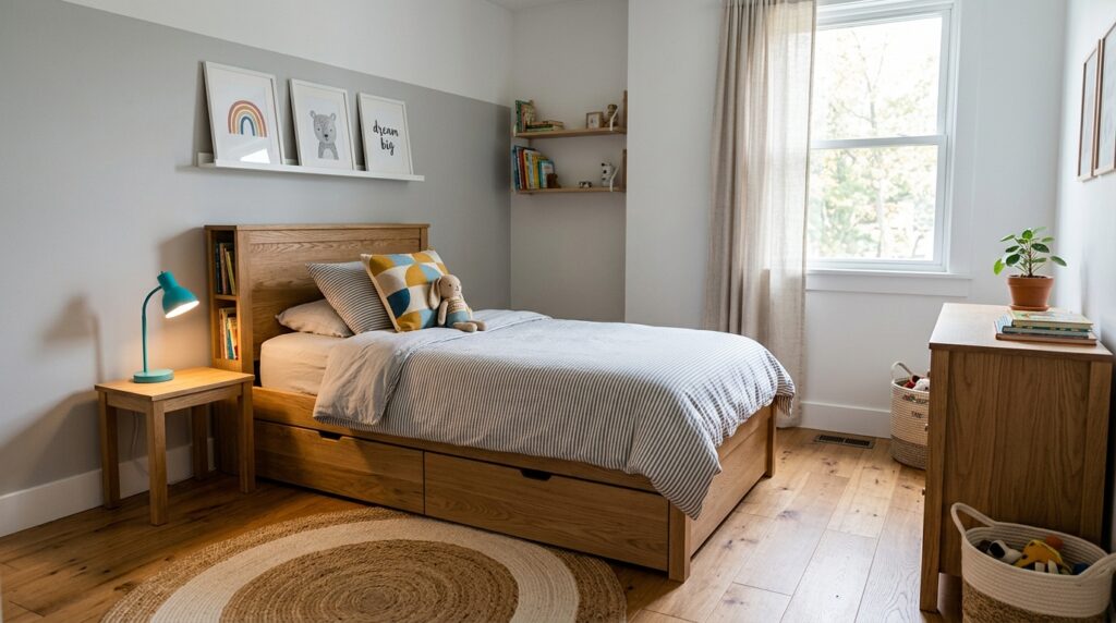 Budget kids bedroom decor with quality bed and affordable styling touches