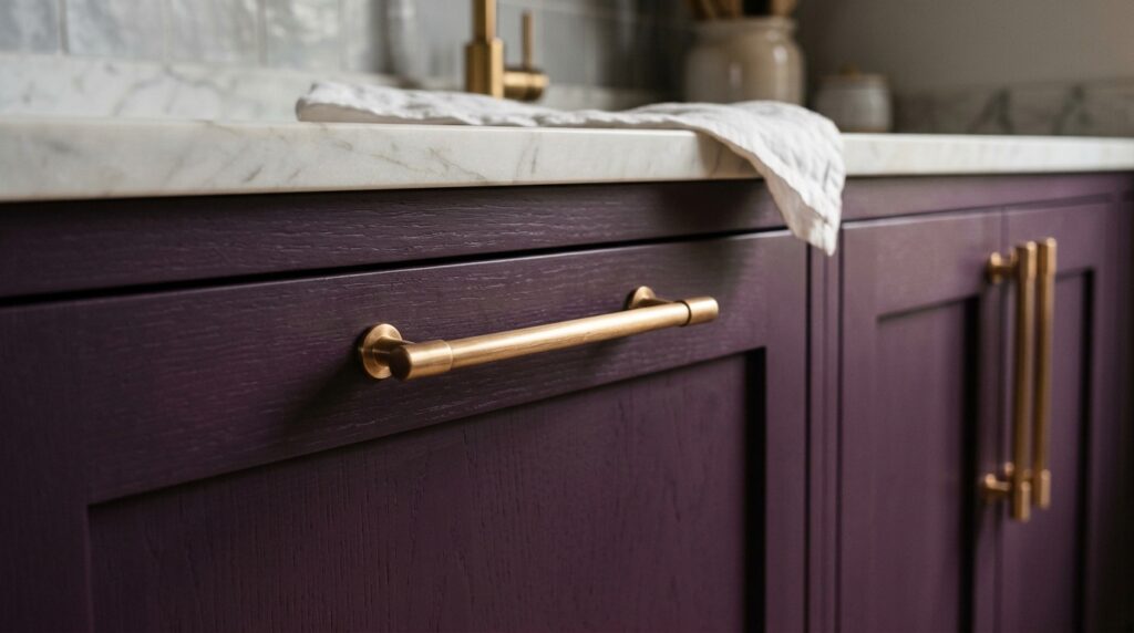 Champagne bronze hardware on aubergine kitchen cabinet