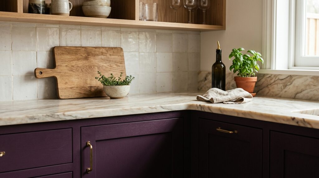 Light marble countertop paired with aubergine kitchen cabinets