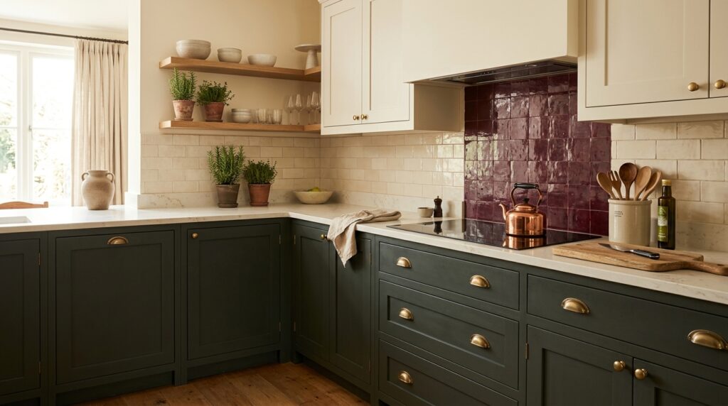 Charcoal green matte cabinets in dark cottagecore kitchen