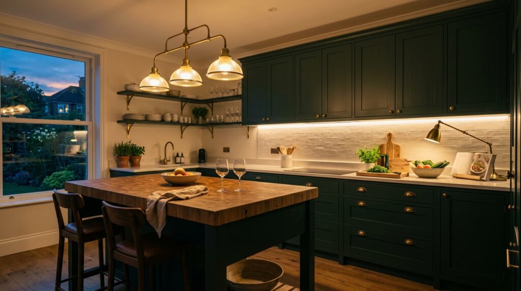 Layered warm lighting in dark cottagecore kitchen