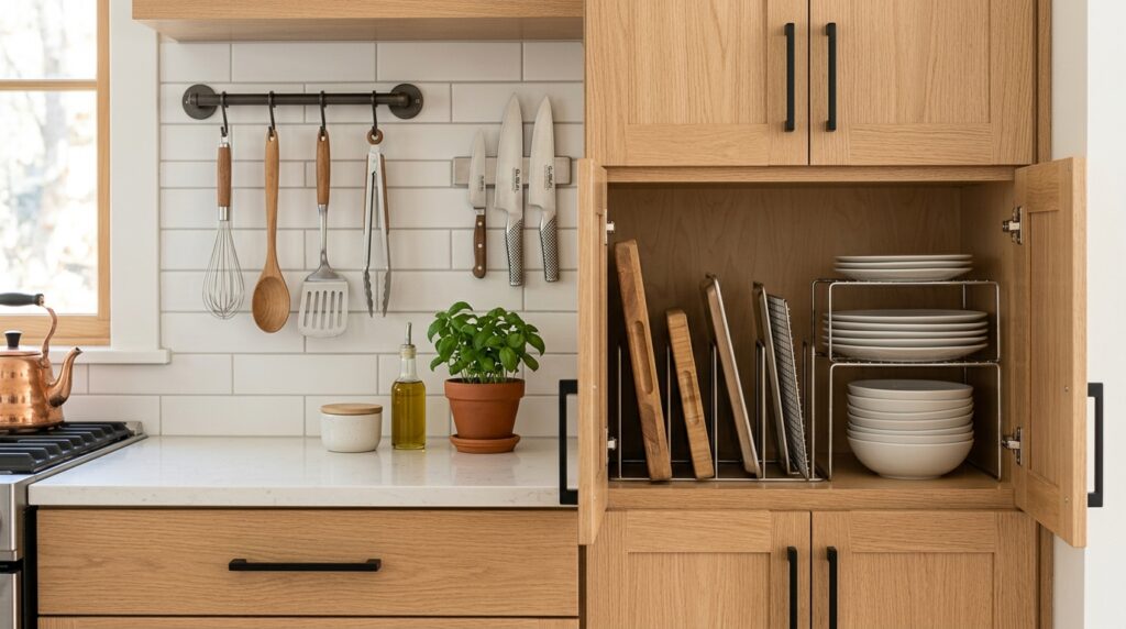 Vertical kitchen storage ideas with wall rail and cabinet stacking risers