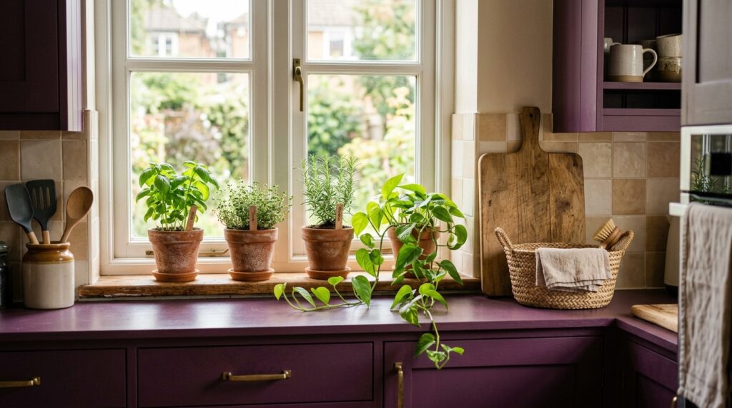 Herbs and plants softening aubergine kitchen cabinets