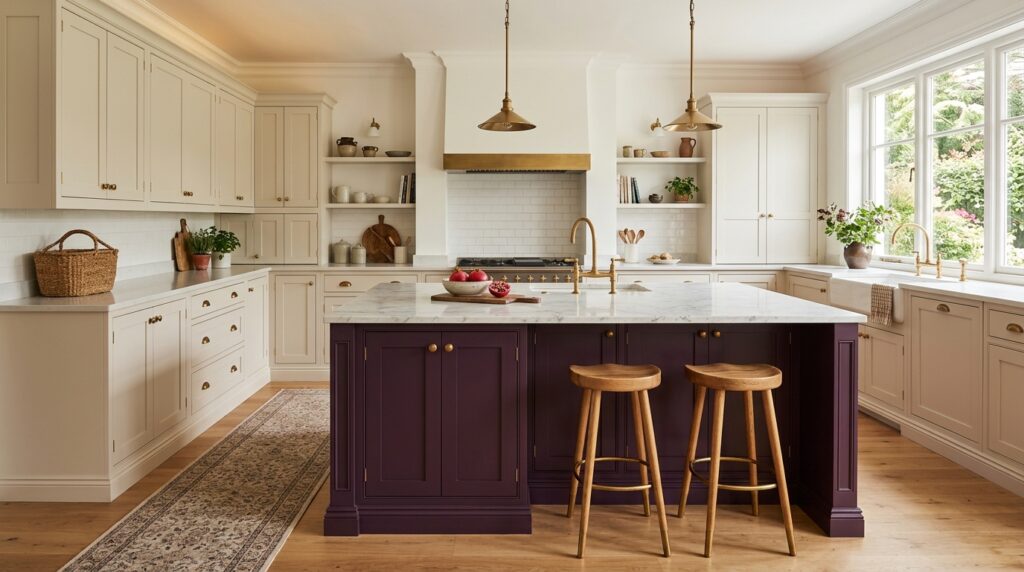 Aubergine kitchen island with neutral surrounding cabinets