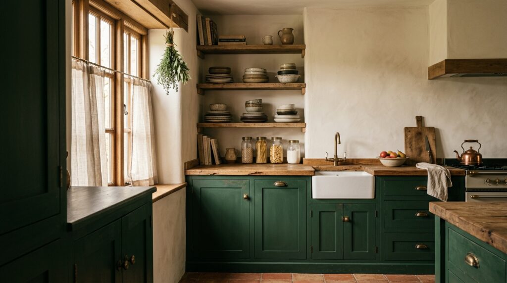 Dark cottagecore kitchen with forest green cabinets and vintage decor