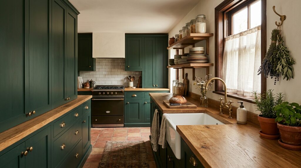 Dark cottagecore kitchen with forest green cabinets and vintage decor