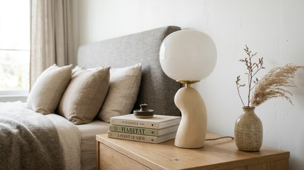 Sculptural table lamp styled as intentional room decor