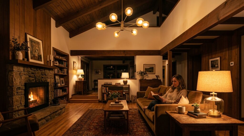 Varying lighting height with pendant and table lamp