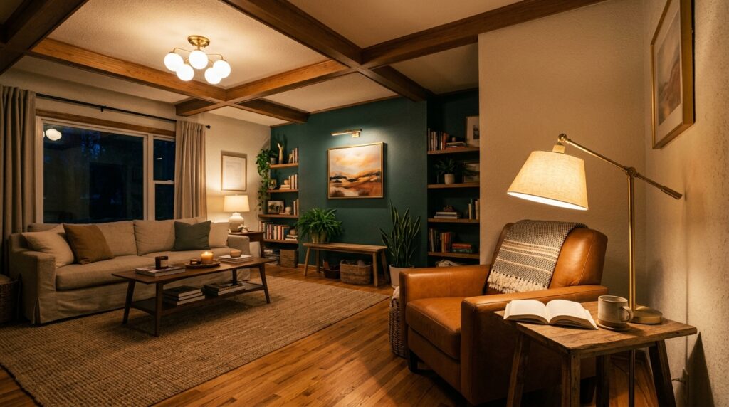 Layered ambient task and accent lighting in living room