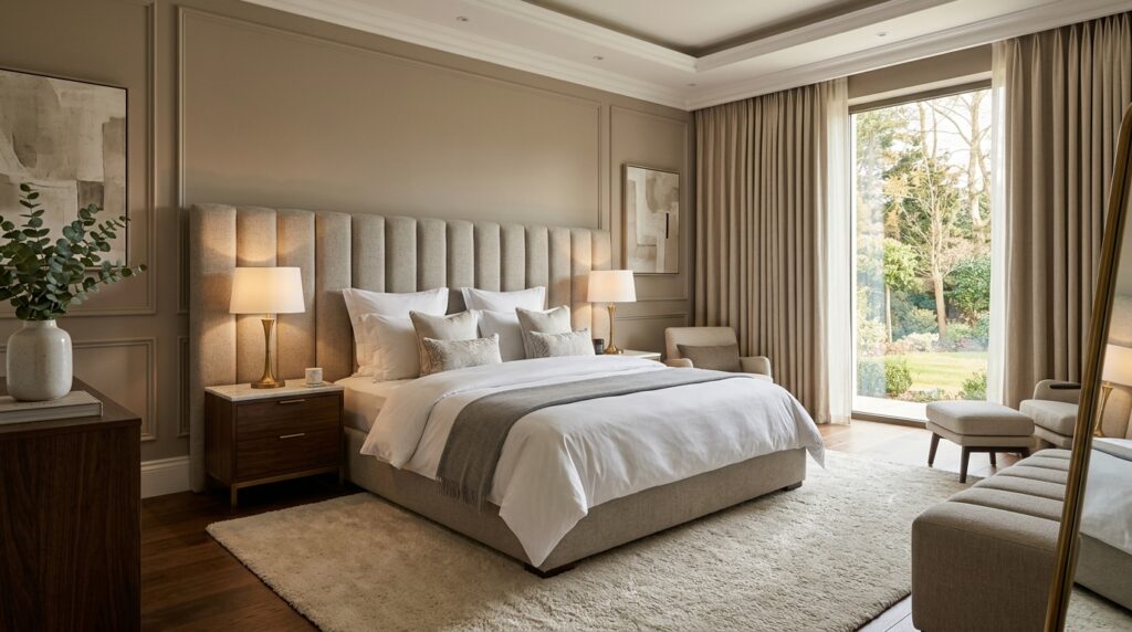 Luxury hotel-style bedroom idea for couples with upholstered headboard and symmetrical nightstands