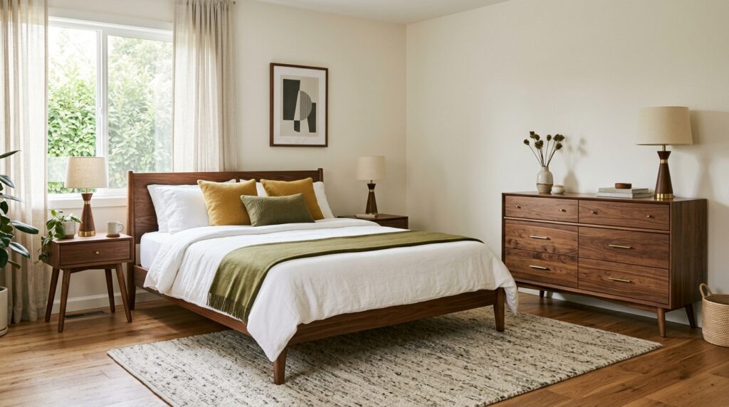 Mid-century modern bedroom idea for couples with tapered wood furniture and mustard accents