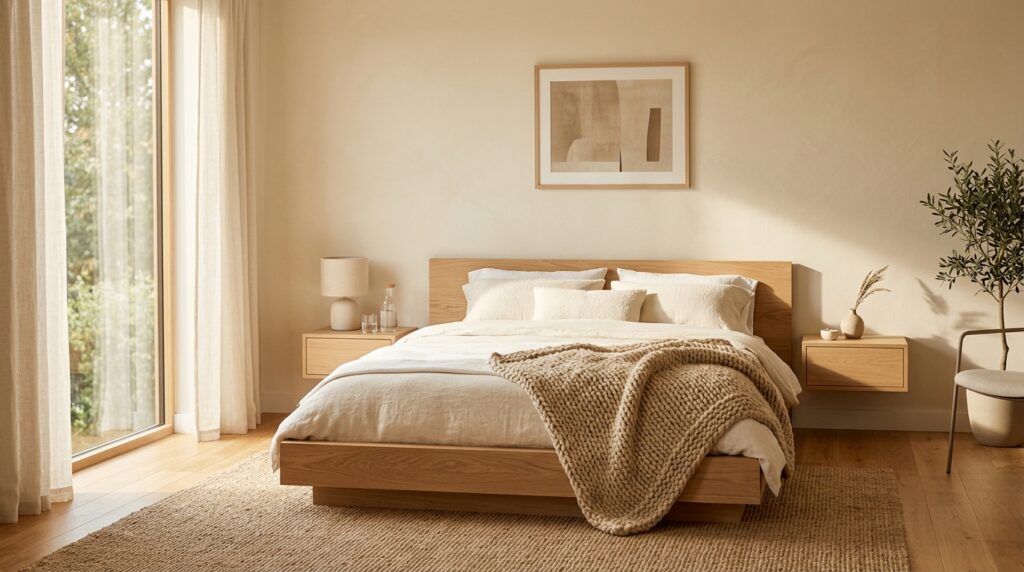 Minimalist modern bedroom idea for couples with low platform bed and neutral two-tone palette