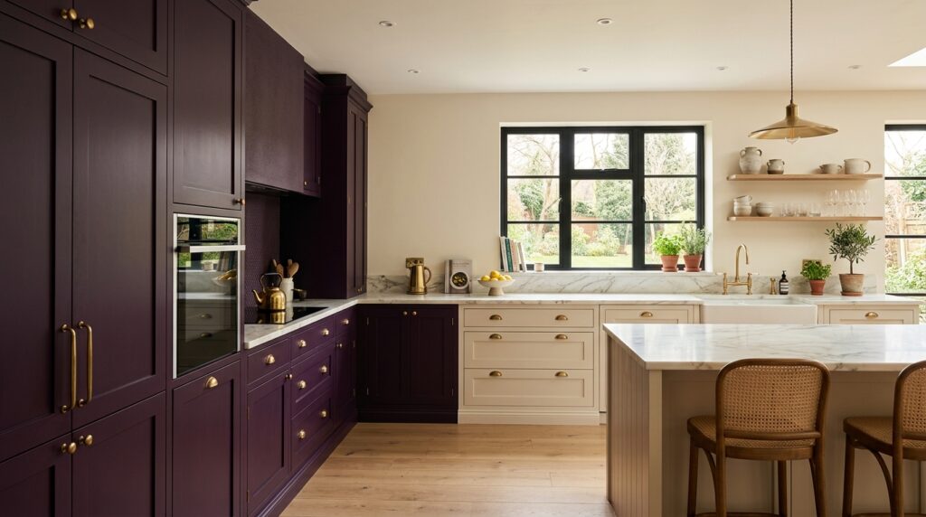 Aubergine kitchen cabinets trend with brass accents