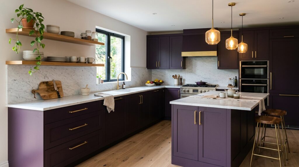 Aubergine kitchen ideas with brass hardware and marble countertop