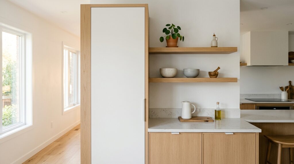 Closed kitchen storage cabinet for a calm small kitchen look