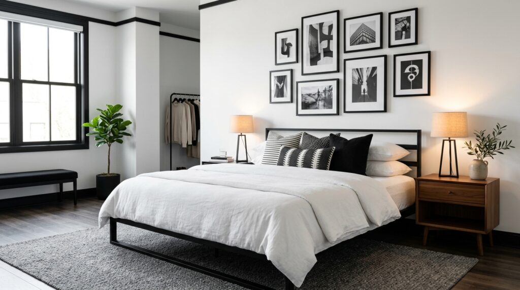 Monochrome black and white bedroom idea for couples with gallery wall and warm wood accent