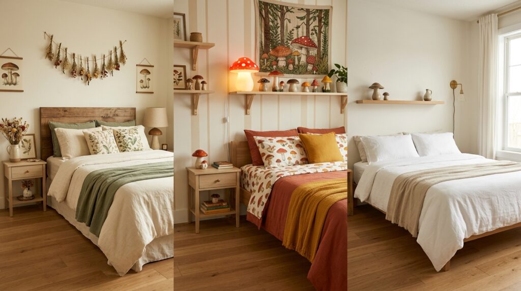 Comparison of cottagecore, whimsical, and minimalist mushroom bedroom decor styles