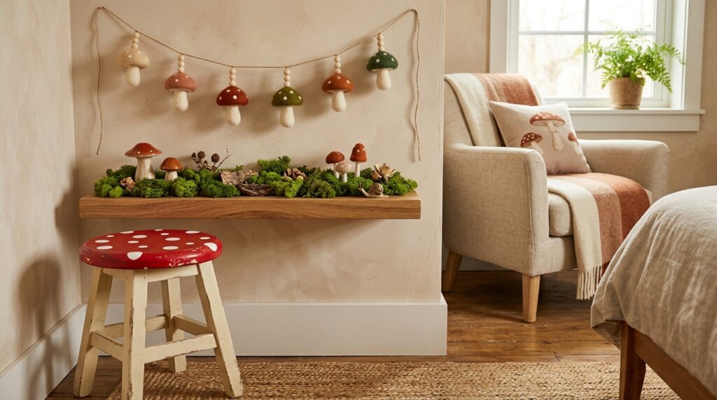 DIY mushroom decor ideas with painted stool, felt garland, and moss shelf display