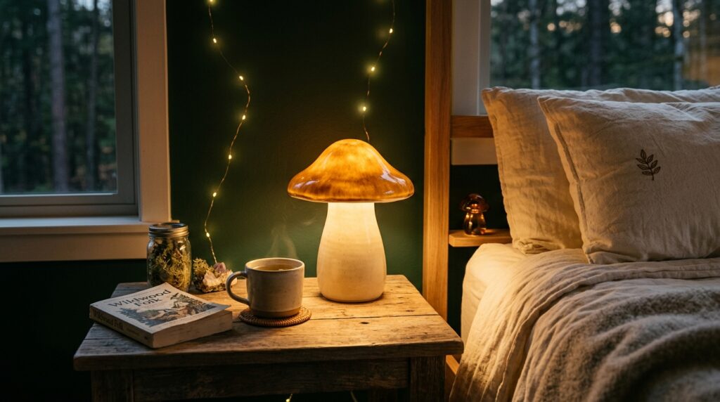 Mushroom bedroom ideas with glowing mushroom lamp and warm string lights