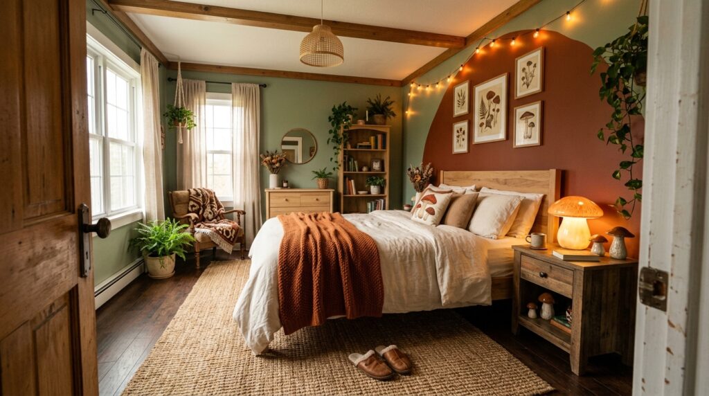 Cozy mushroom bedroom decor with earthy tones, mushroom lamp, and dreamy aesthetic
