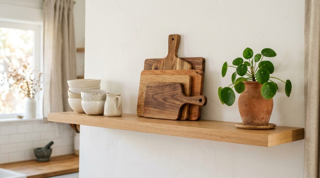 Styled open kitchen shelving with grouped decor and visible negative space