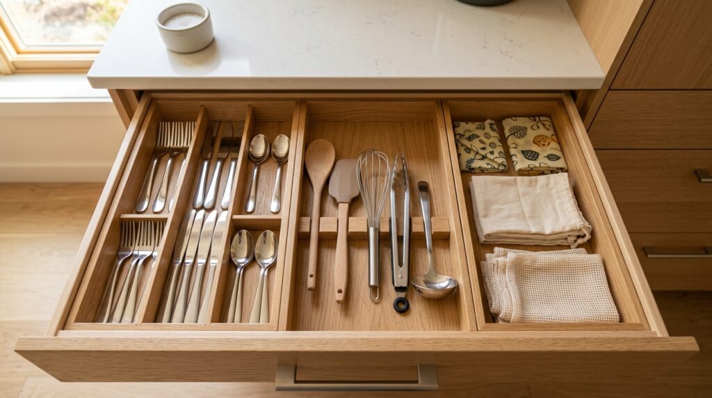 Small kitchen drawer organization with divided zones for utensils and cutlery