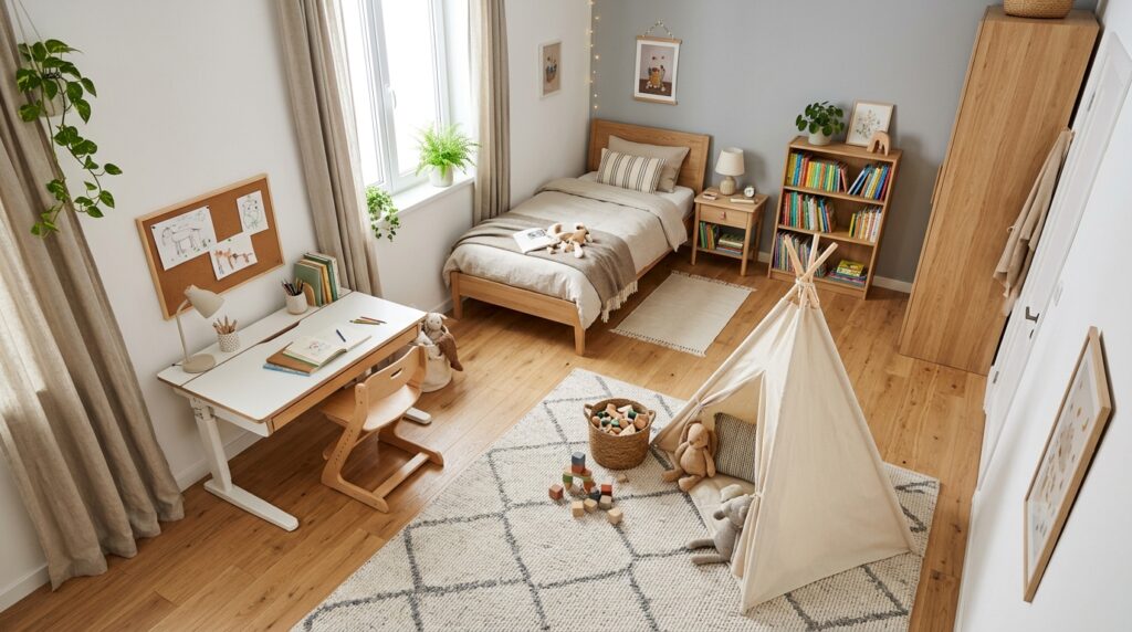 Functional kids bedroom layout with sleep, study, and play zones