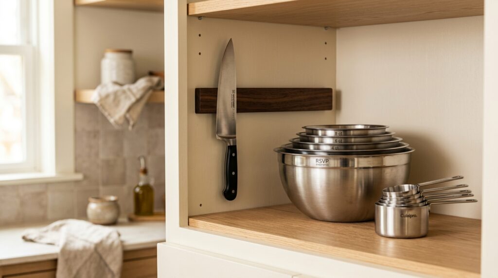 Organized kitchen shelf with a chef's knife, nesting mixing bowls, and nesting measuring cups arranged neatly to save cabinet space