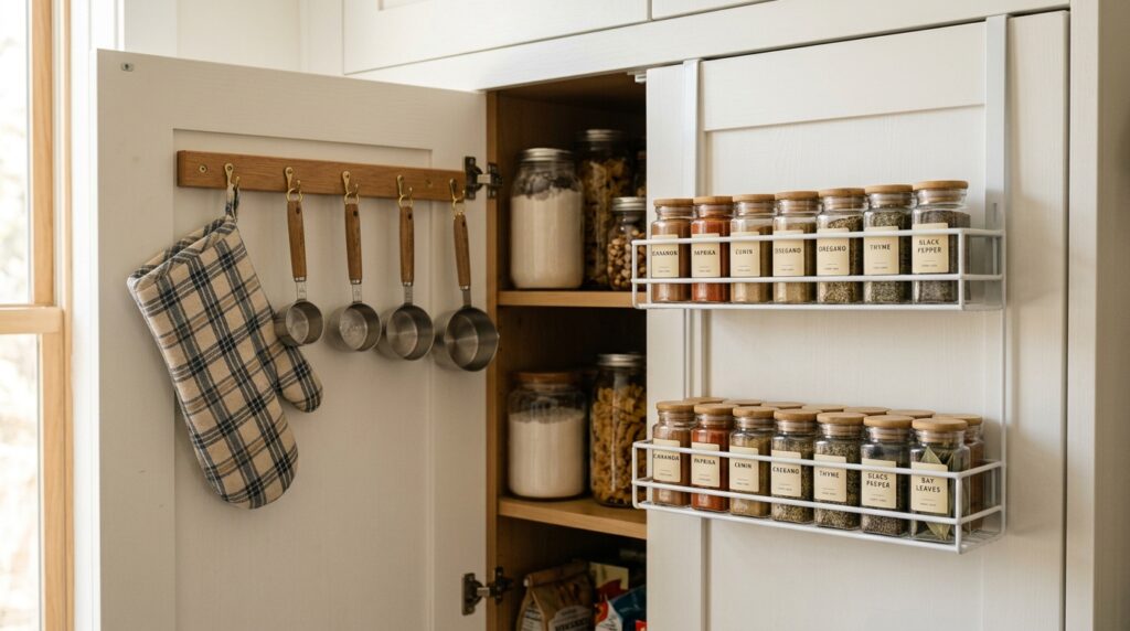 Kitchen door storage with hooks and over-the-door spice rack