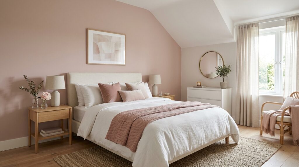 Pastel dreamy bedroom idea for couples with muted blush accent wall