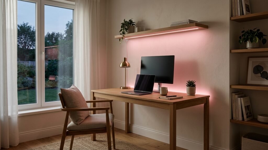 Dimmed pink LED strip as accent lighting in gaming room