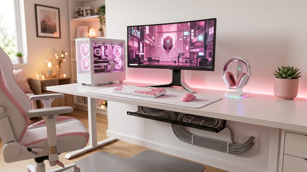 Pink gaming room setup with clean cable management under desk
