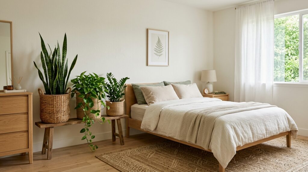 Biophilic plant-filled bedroom idea for couples with low-light plants of varying heights