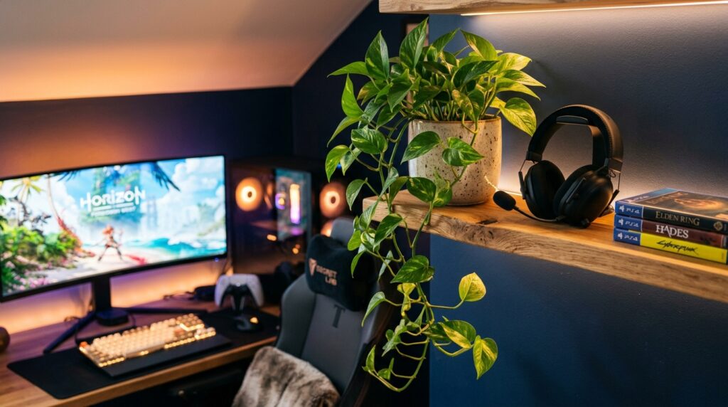 Pothos plant softening tech-heavy cozy gaming room